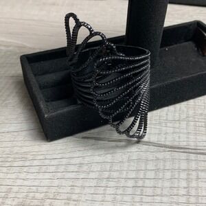 Black Beaded Wire Fan Cuff Bracelet Hinged Statement Architectural Gothic Style